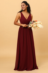 Cabernet A Line V-neck pleated and floor length chiffon bridesmaid dress