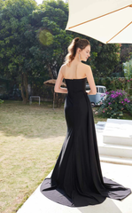 Chicken neckline strapless tight corset with side slits and floor length evening dress