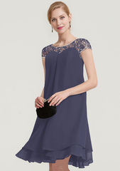 A-linePrincess Bateau Short Sleeve Knee-Length Chiffon Mother of the Bride Dress With Beading Ruffles Short