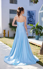 A-line low round neck satin fitted body and floor length evening dress