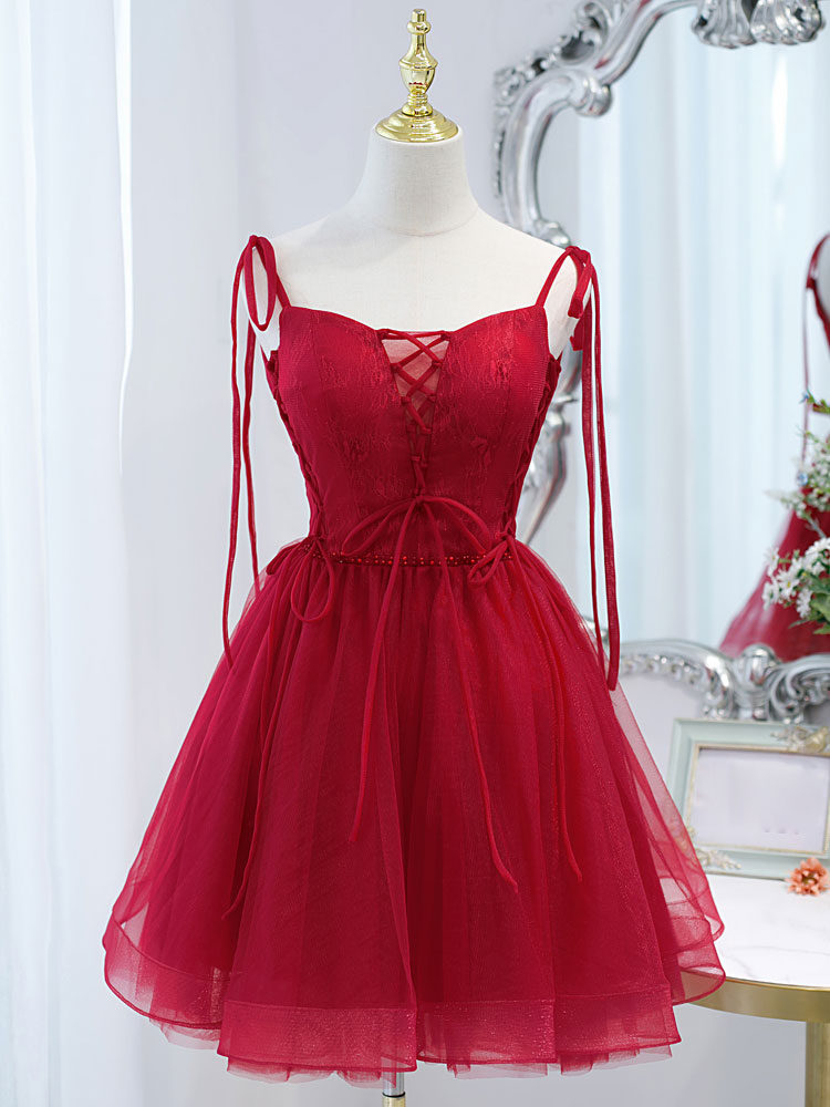 Burgundy tulle lace short prom dress, burgundy homecoming dress