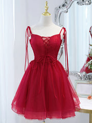 Burgundy tulle lace short prom dress, burgundy homecoming dress