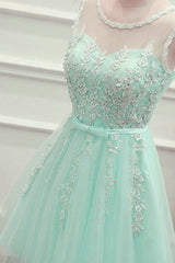 Cute Mint Green Tulle Short Party Dress with Lace Applique, Homecoming Dress