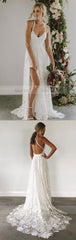 white v neck long wedding dress, lace wedding dresses