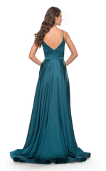 A-line V-neck thin shoulder strap with exposed back side slit and floor length evening dress