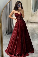Satin Prom Dresses Long Spaghetti Straps Lace Applique Evening Party Gowns