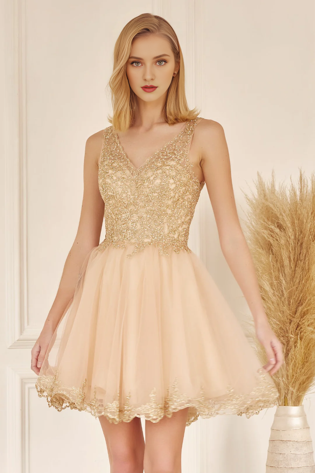 Embroidered short sleeveless V-neck dress