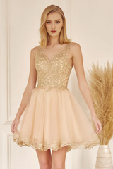 Embroidered short sleeveless V-neck dress