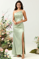 Sage A Line One Shoulder Bright Satin Split Bridesmaid Dress
