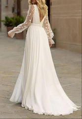 Long Sleeve Boho Flowy Wedding Dress Lace A-Line V-Neck Beach Gown with Split Front and Sweep Train