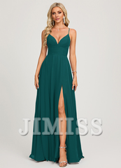 A-line V-neck pleated floor-length chiffon prom dress