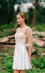 A-line Sweetheart Long Sleeve Chiffon Tulle Lace Satin Wedding Dresses With Illusion