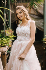 A Line Vintage Lace Scoop Neckline Tulle Wedding Bridal Dress Wedding Dresses