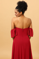 Wine red slit shoulder length chiffon bridesmaid dress