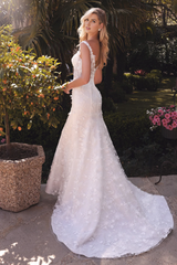 Stunning Wedding Dress Gown Sweep Train Dress with Deep Neckline Floral Accents