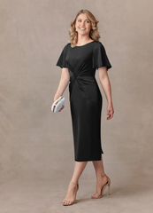 Sheath Crew Neck Pleated Tea Length Satin Black formal dresses evening dress Mother of the Bride Dresses