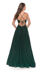 A-line V-neckline sleeveless back strap high slit and floor length evening dress