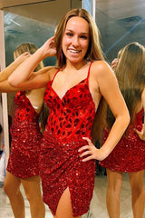 Red Mirror-Cut Sequins Sheath V Neck Cocktail Homecoming Dress
