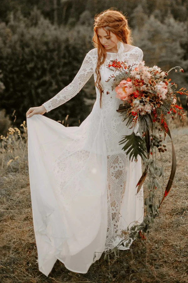 A-line Beach Scoop Neck Backless Long Sleeves Wedding Dresses