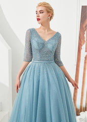 Blue Glittering Puffy Ball Gown Prom Dress With Beadings