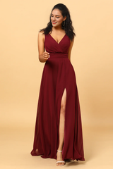 Cabernet Sauvignon V-neck sleeveless and floor chiffon bridesmaid dress