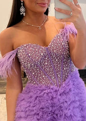 Astrid |A Line Off the Shoulder Tiered Tulle Prom Dress With Slit