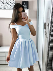 A Line Off Shoulder Short Light Blue/Navy Blue Prom Dresses, Short Blue Graduation Homecoming Dresses