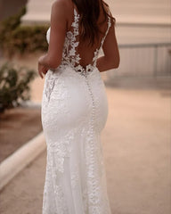 V Neck Satin Wedding Dresses with Lace Appliques