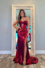 Mermaid Strapless Keyhole Burgund Satin Long Prom Dresses