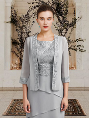 Two Piece Mother of the Bride Dress Church Elegant Square Neck Knee Length Chiffon Lace Sleeveless Wrap Included with Ruffles Appliques