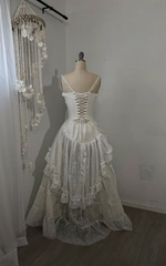 Retro Spaghetti Straps A-Line Lace Ruffles Vintage Wedding Dress Eveing Dress, HZ0319