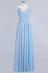 Long A-Line V-Neck Spaghetti Straps Floor-Length Chiffon Bridesmaid Dresses