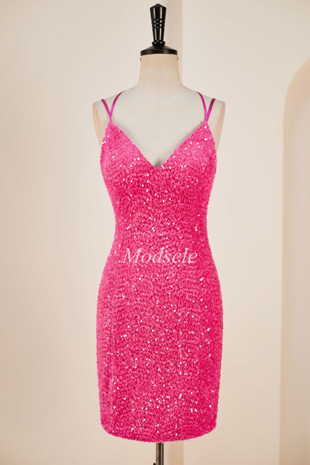 Hot Pink Sequin V-Neck Short Party Dress