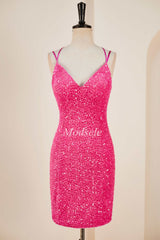 Hot Pink Sequin V-Neck Short Party Dress