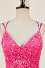 Hot Pink Sequin V-Neck Short Party Dress