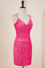 Hot Pink Sequin V-Neck Short Party Dress