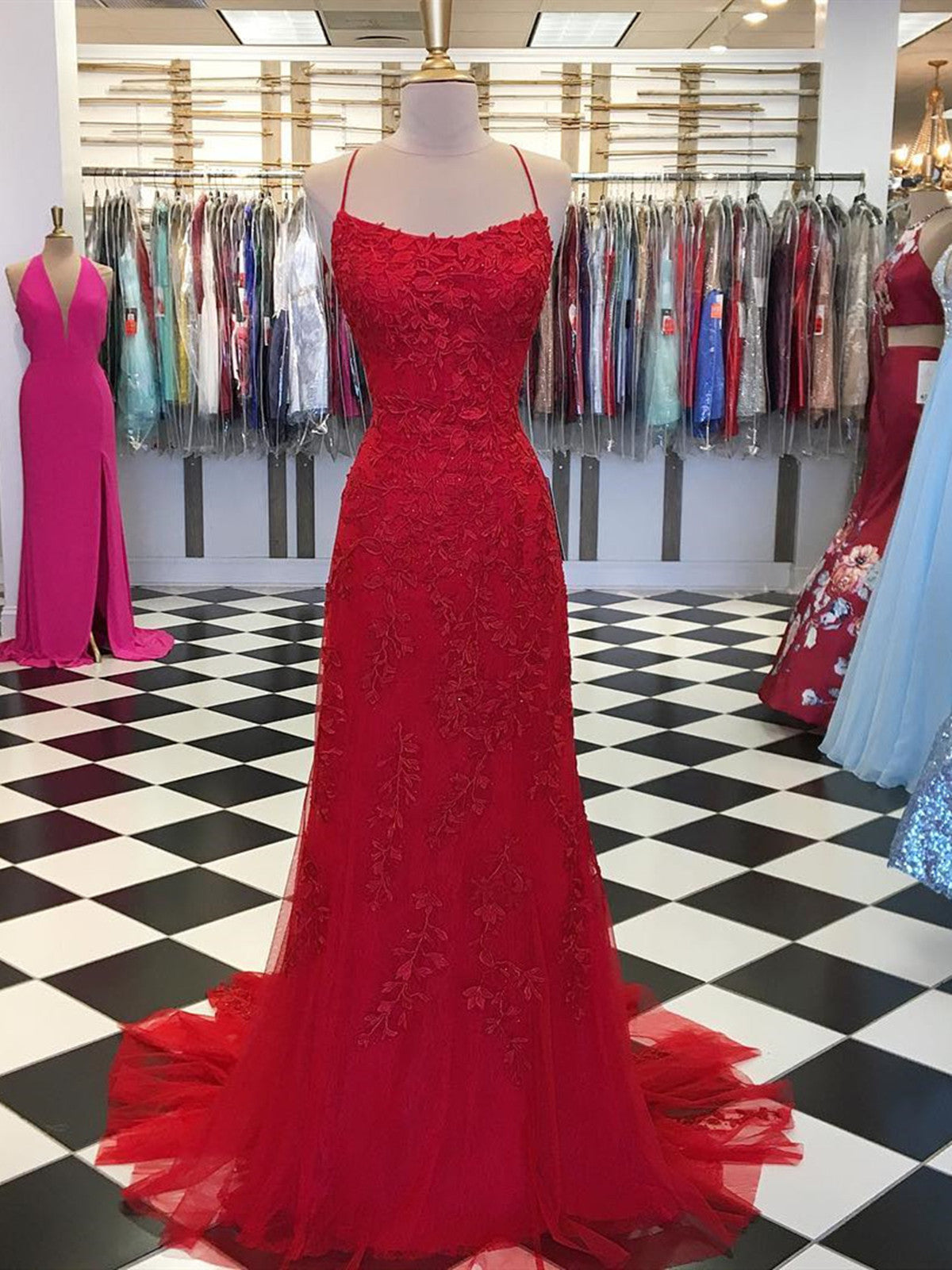 Red Backless Mermaid Lace Prom Dresses, Red Backless Lace Formal Graduation Evening Dresses