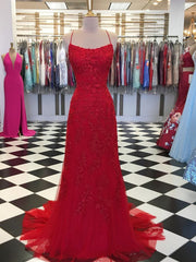 Red Backless Mermaid Lace Prom Dresses, Red Backless Lace Formal Graduation Evening Dresses