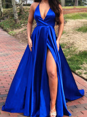 A Line V Neck Yellow/Royal Blue Prom Dress with High Leg Slit, Yellow/Royal Blue V Neck Formal Graduation Evening Dresses