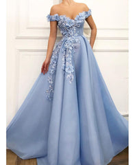 Off Shoulder Blue Lace Prom Dresses Long, Blue Floral Off the Shoulder Formal Graduation Evening Dresses