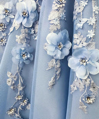 Off Shoulder Blue Lace Prom Dresses Long, Blue Floral Off the Shoulder Formal Graduation Evening Dresses