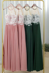 Pink Lace Pleated Long Bridesmaid Dress