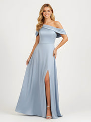 One-Shoulder Drape Satin Slit A-Line Gown Sky Blue