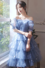 Blue Tulle Short A-Line Prom Dresses, Blue Mini Party Dresses