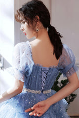 Blue Tulle Short A-Line Prom Dresses, Blue Mini Party Dresses