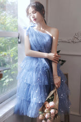 Blue Tulle Short Prom Dresses, One Shoulder Evening Dresses