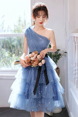 Blue Tulle Short Prom Dresses, One Shoulder Evening Dresses