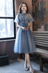 Blue Tulle Lace Short Prom Dresses, A-Line Homecoming Dresses
