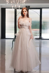 White Flowers Long A-Line Prom Dress, Strapless Evening Party Dress