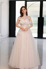 White Flowers Long A-Line Prom Dress, Strapless Evening Party Dress